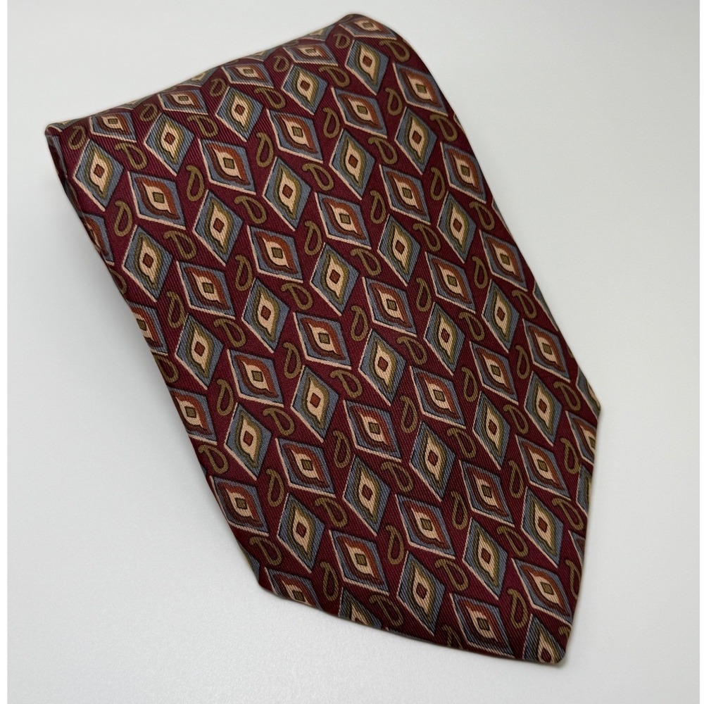 Liberty of London Silk Tie OS Burgundy Geometric Diamond Paisley Dark Academia